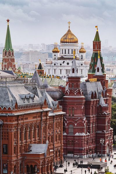 A view of the Cathedral of Christ the Saviour through the State Historical Museum in the Red Square