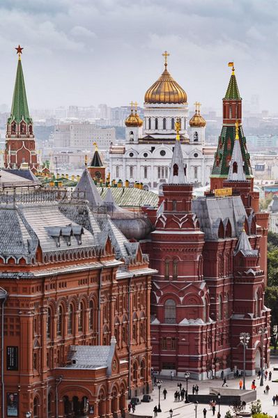 A view of the Cathedral of Christ the Saviour through the State Historical Museum in the Red Square