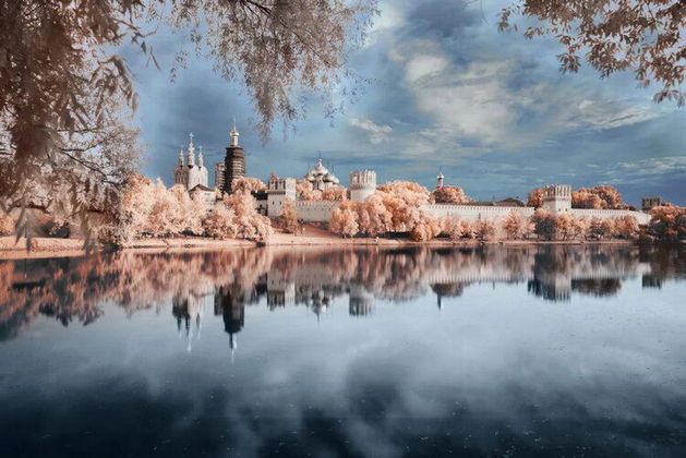 A view of the architectural complex of the Novodevichy Convent on Moscow River