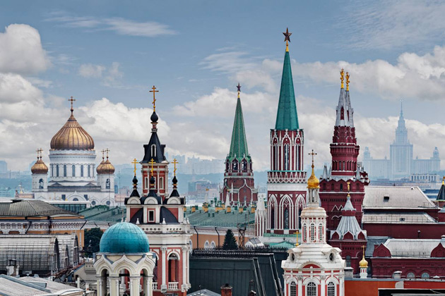 A view of the Moscow Kremlin towers, the Moscow Cathedral of Christ the Saviour and the the main building of Moscow State University on Sparrow Hills