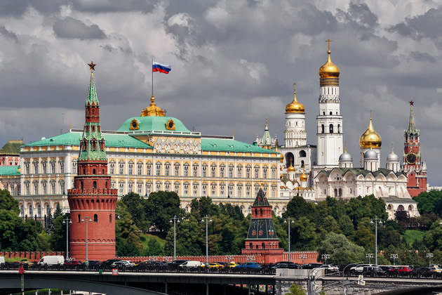 A view of the Grand Kremlin Palace, the Spasskaya tower and the other towers of the Moscow Kremlin