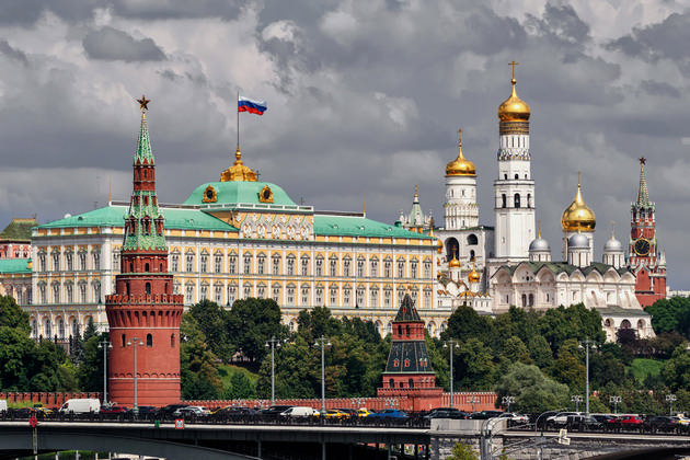 A view of the Grand Kremlin Palace, the Spasskaya tower and the other towers of the Moscow Kremlin