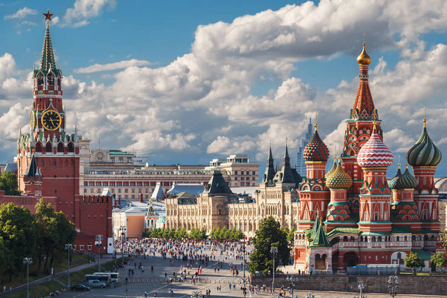 An architectural shooting of the Moscow Red Square: the Spasskaya tower, the Moscow GUM and the Saint Basil’s Cathedral