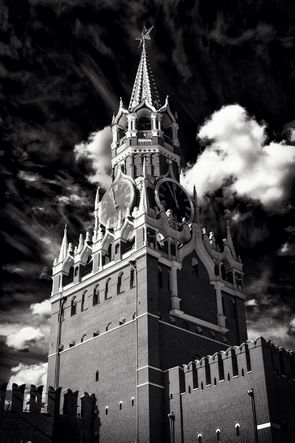 A view of the Spasskaya tower of the Moscow Kremlin from the Saint Basil’s Cathedral in the Red Square